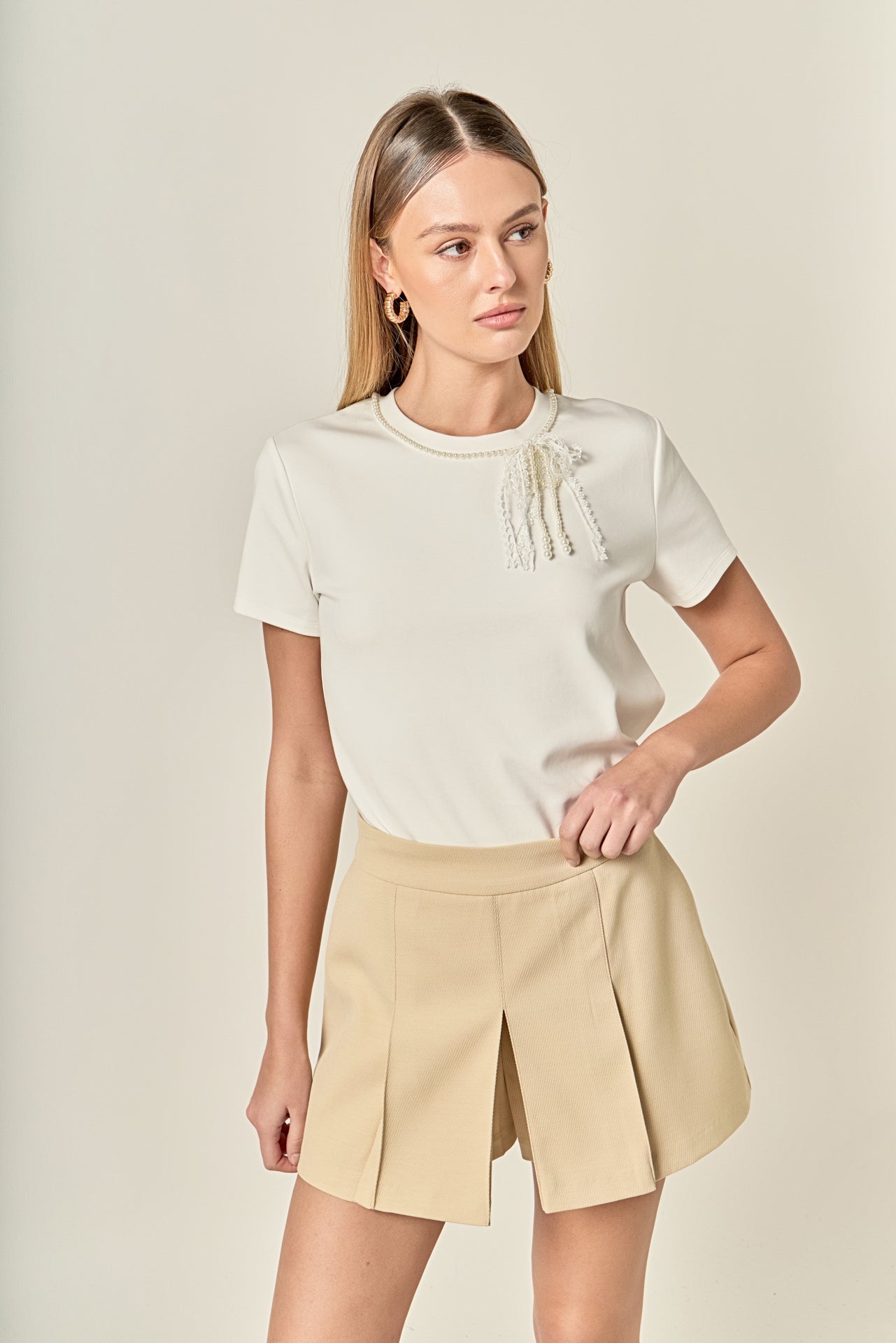 ENGLISH FACTORY - Pearl Bow Detailed T-Shirt - TOPS available at Objectrare