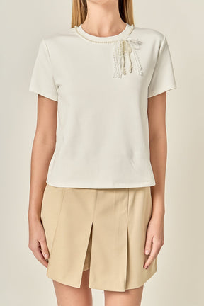 ENGLISH FACTORY - Pearl Bow Detailed T-Shirt - TOPS available at Objectrare