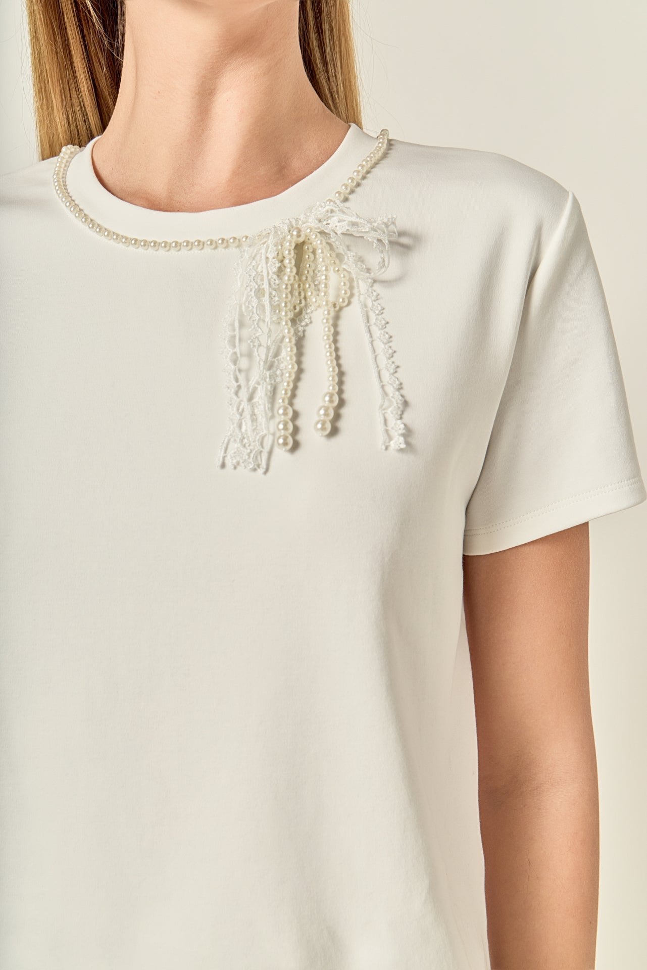 ENGLISH FACTORY - Pearl Bow Detailed T-Shirt - TOPS available at Objectrare