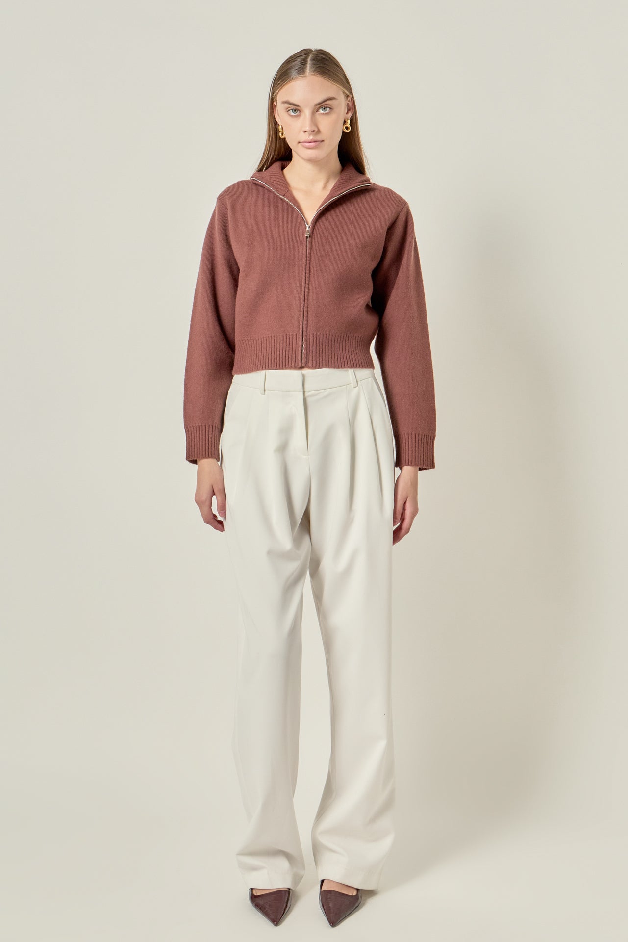 Zip-Up Funnel Neck Knit Jacket