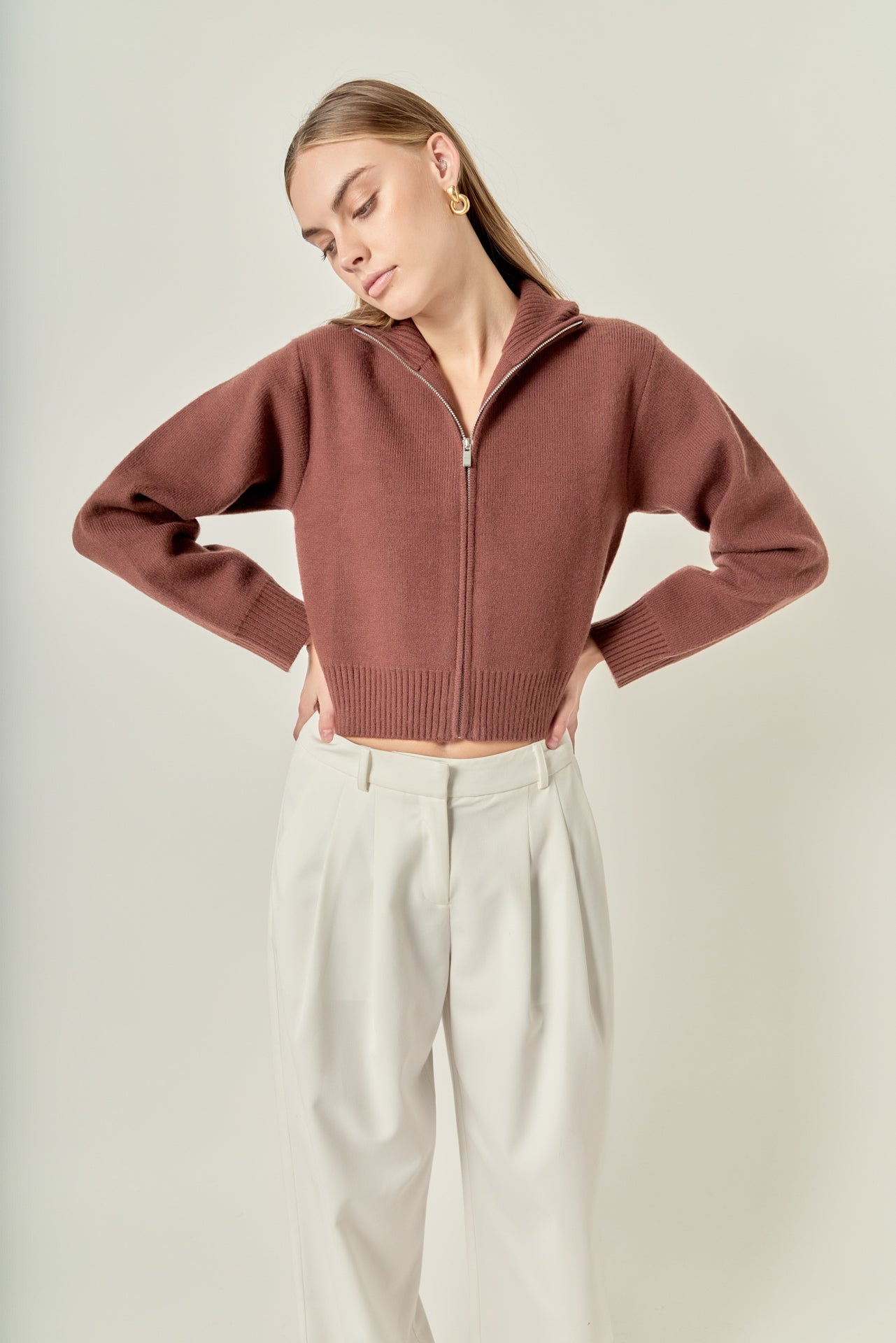 Zip-Up Funnel Neck Knit Jacket