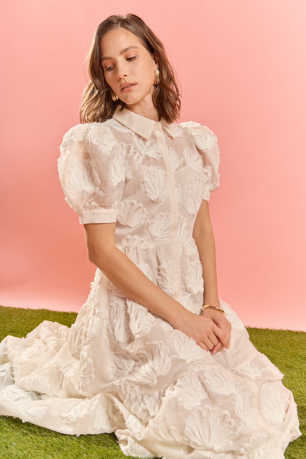 Embroidered Shell Midi Shirt Dress