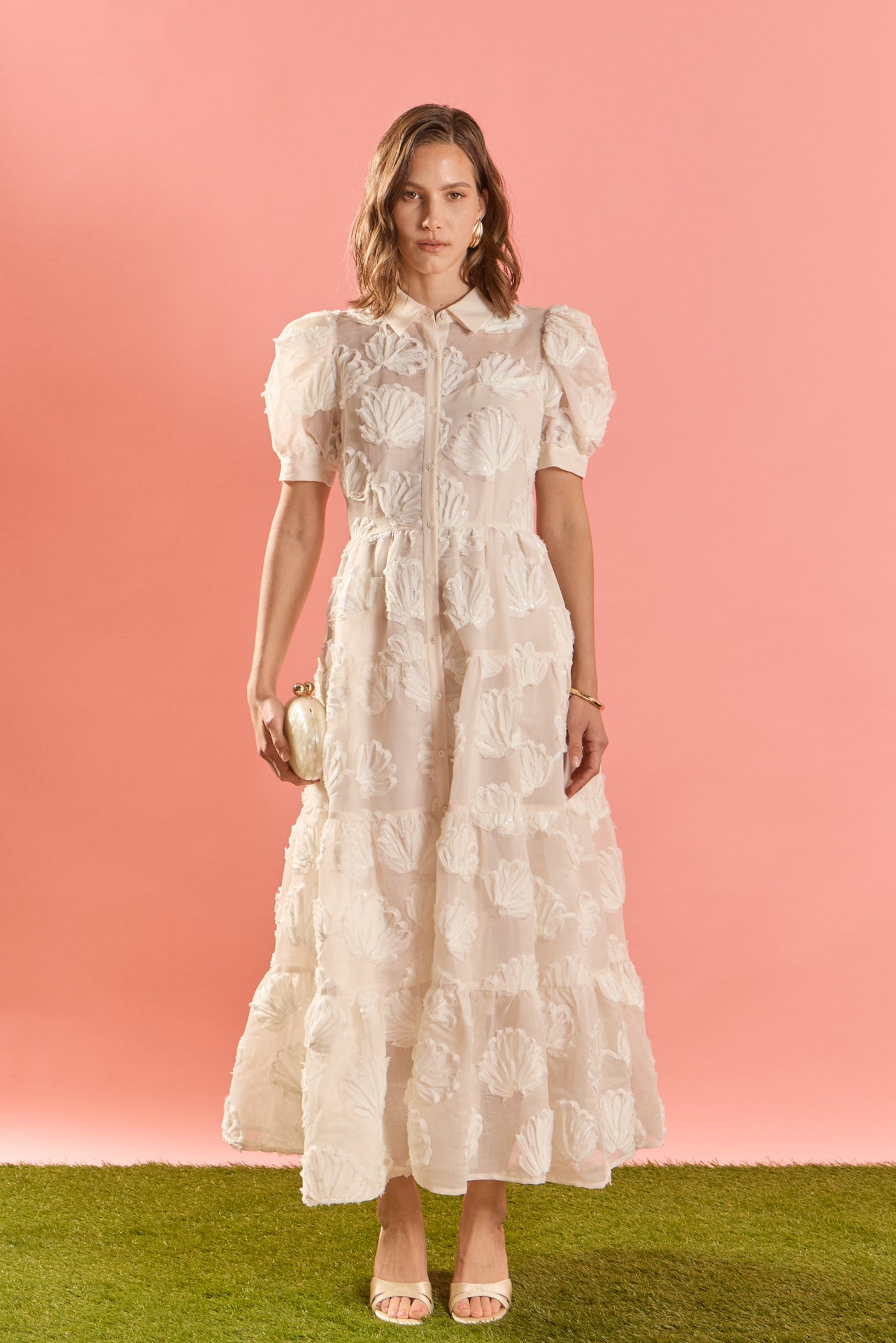 Embroidered Shell Midi Shirt Dress