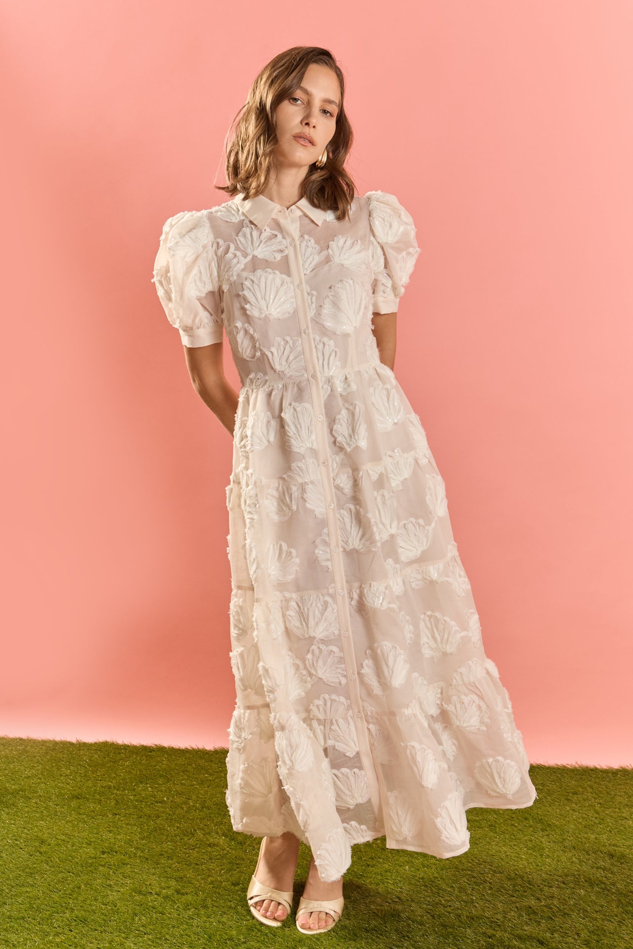 Embroidered Shell Midi Shirt Dress