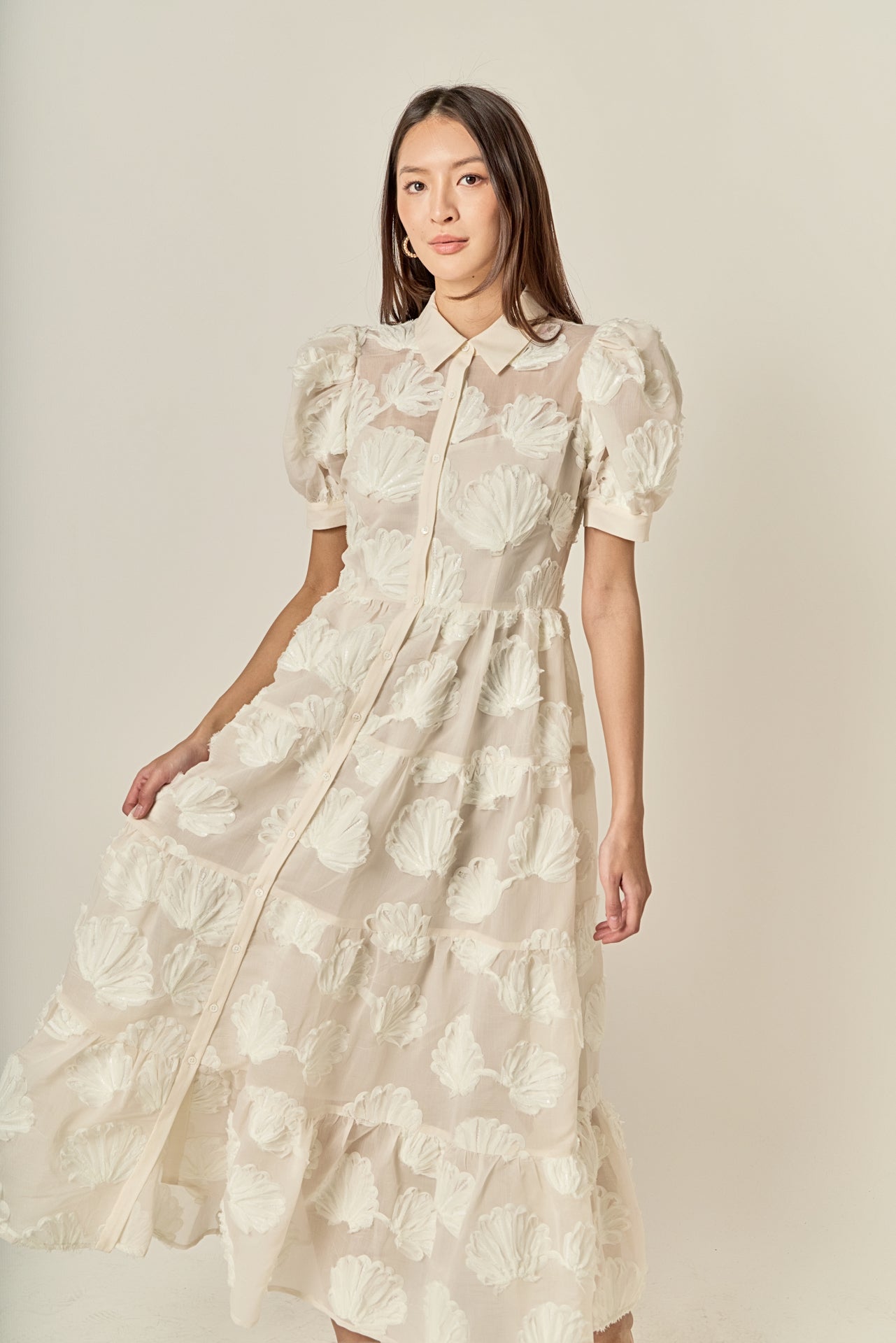 Embroidered Shell Midi Shirt Dress