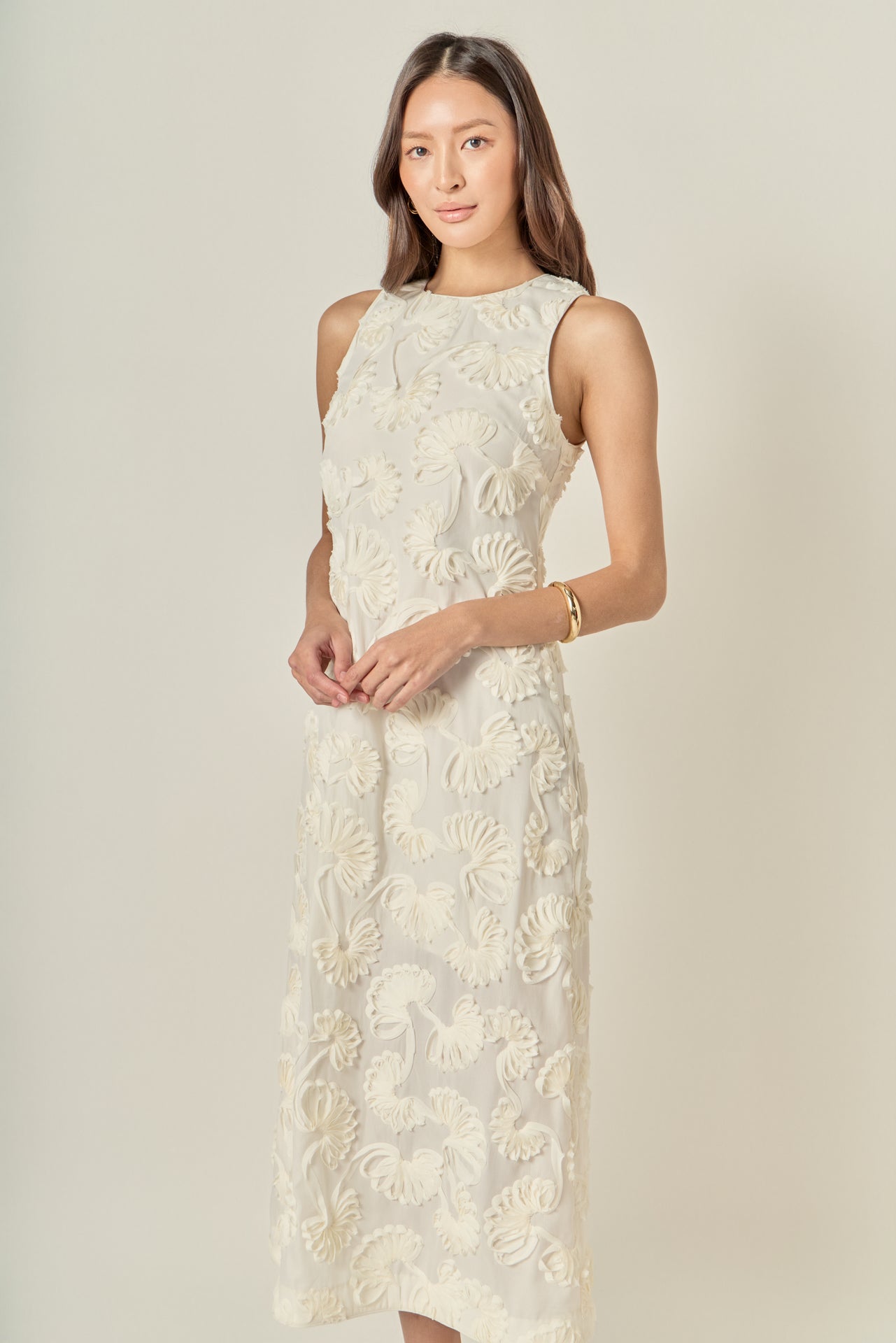 ENGLISH FACTORY - Textured Floral Sleeveless Midi Dress - DRESSES available at Objectrare