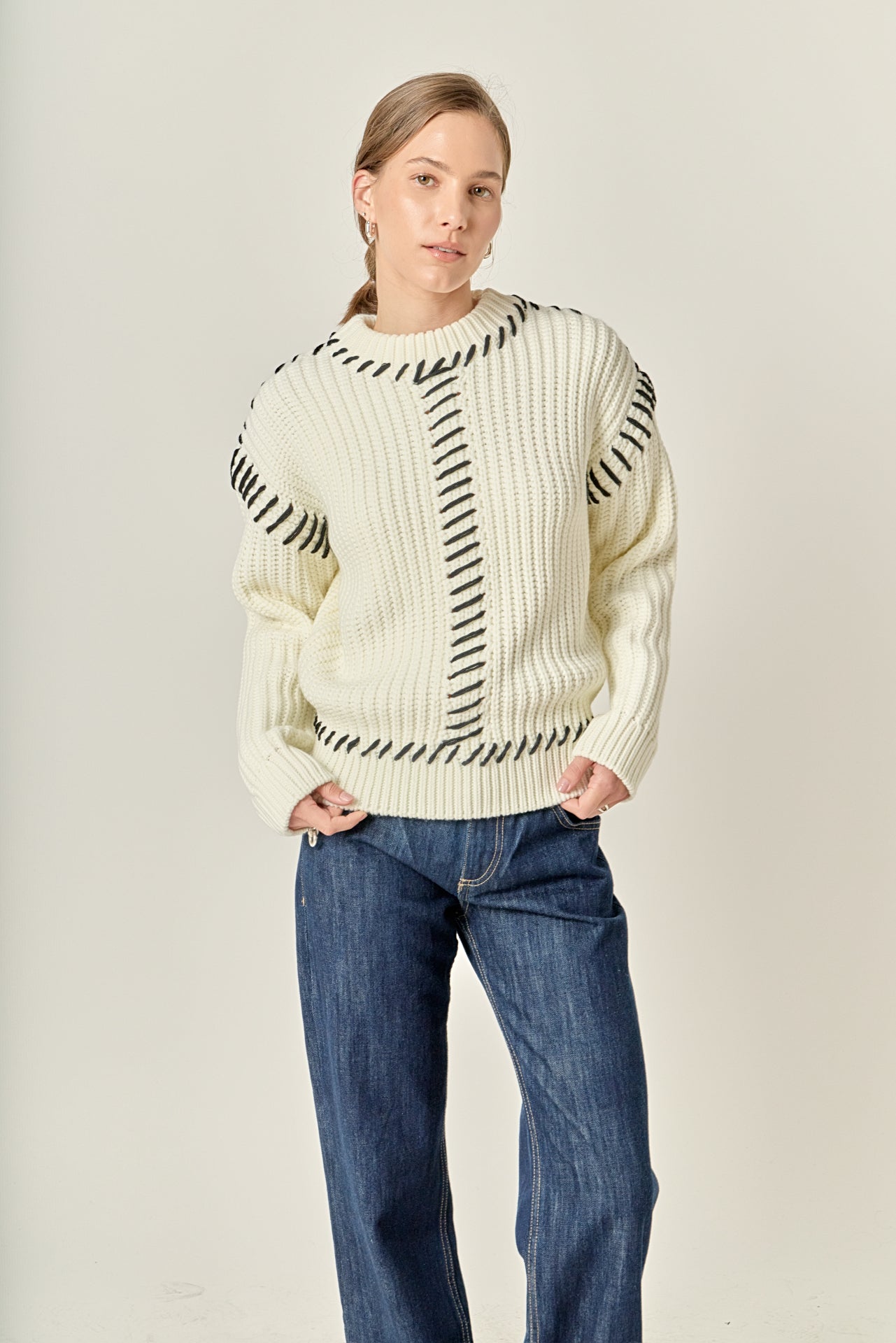 ENGLISH FACTORY - Stitch Detailed Chunky Crew Neck Knit - SWEATERS & KNITS available at Objectrare