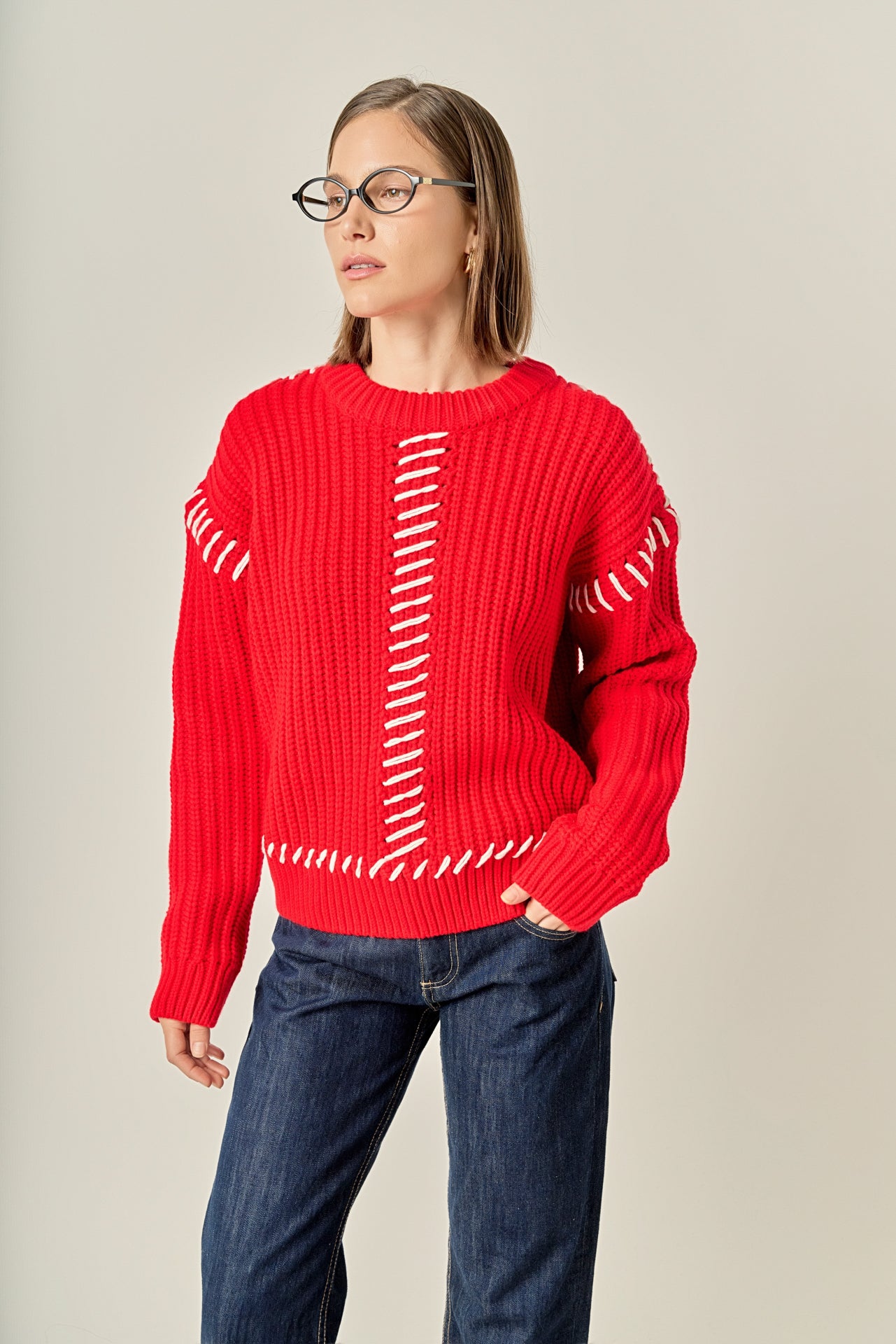 Stitch Detailed Chunky Crew Neck Knit