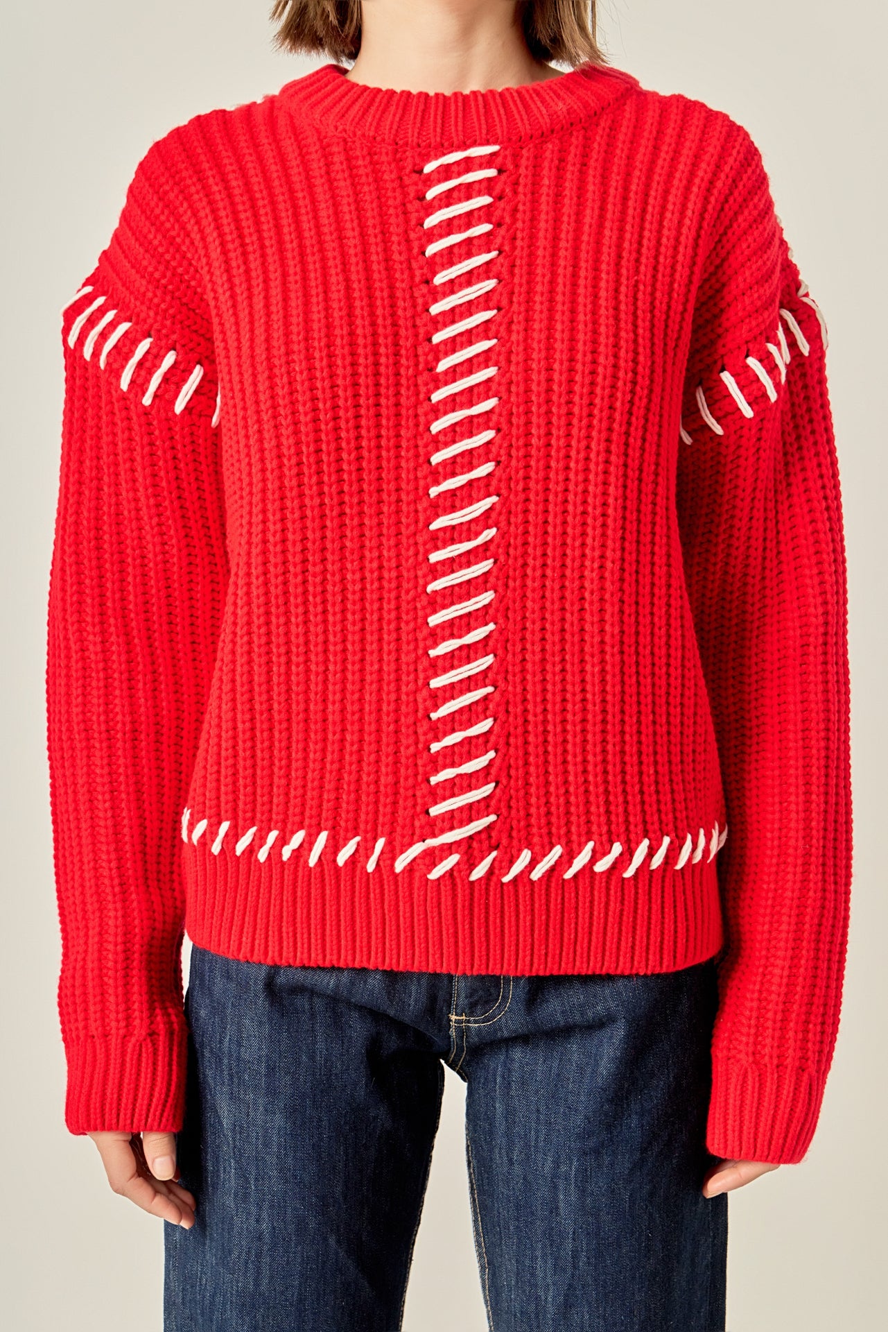 Stitch Detailed Chunky Crew Neck Knit