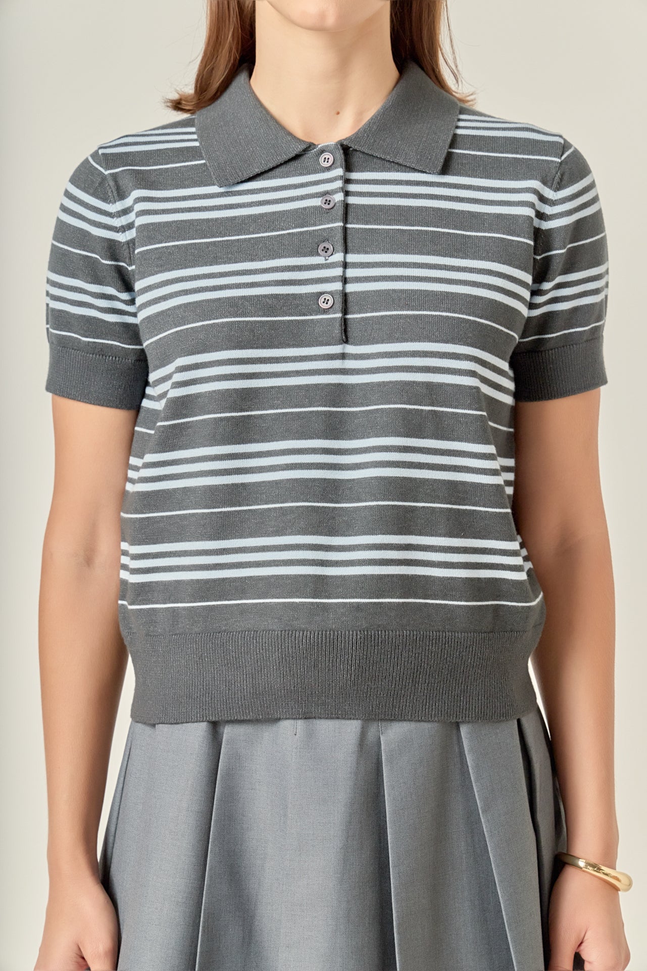 ENGLISH FACTORY - Striped Polo Knit Top - TOPS available at Objectrare