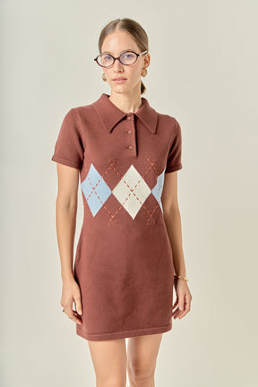 Argyle Knit Polo Mini Dress