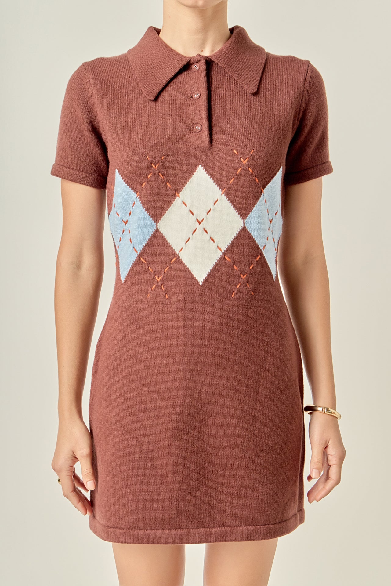 ENGLISH FACTORY - Argyle Knit Polo Mini Dress - DRESSES available at Objectrare