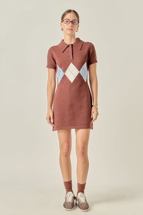 Argyle Knit Polo Mini Dress