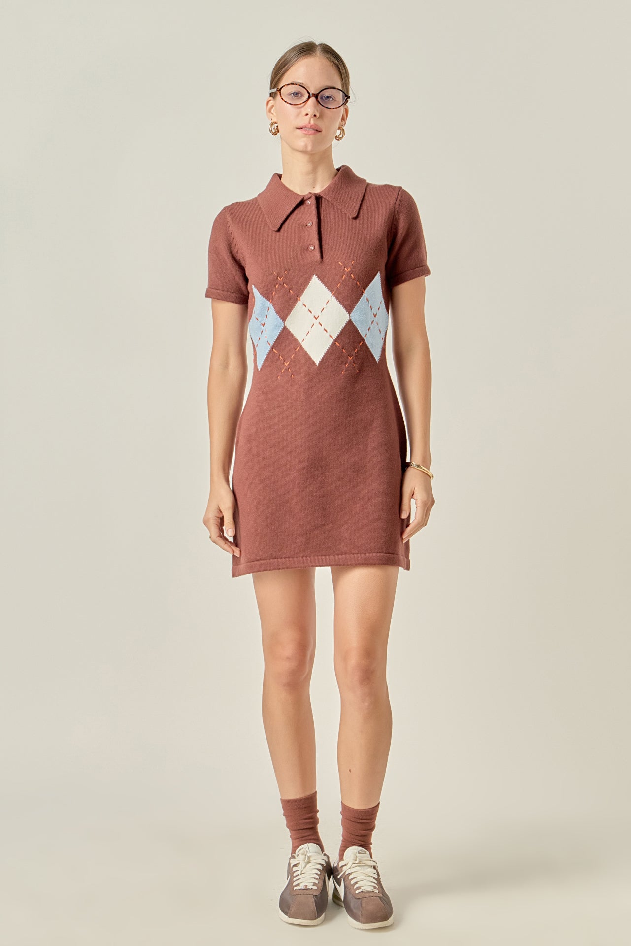 ENGLISH FACTORY - Argyle Knit Polo Mini Dress - DRESSES available at Objectrare