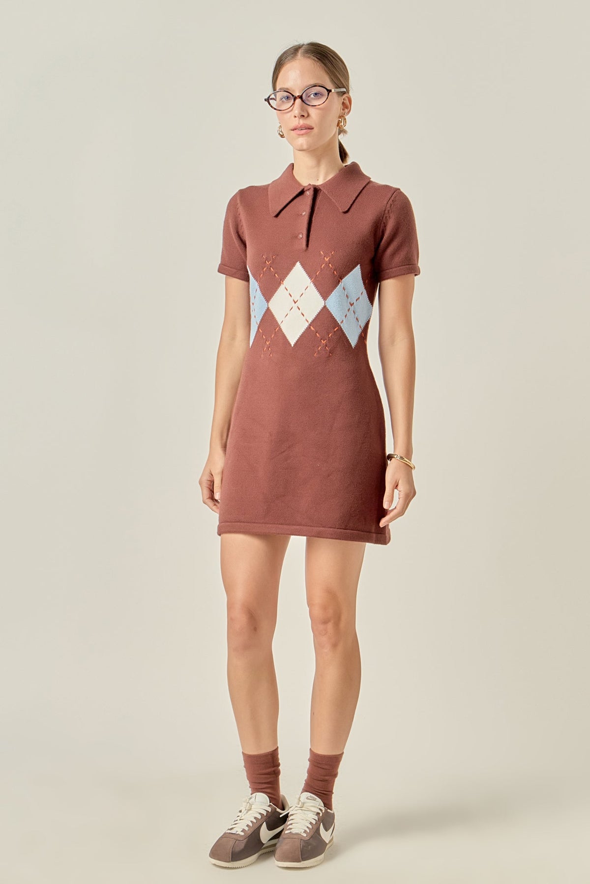 ENGLISH FACTORY - Argyle Knit Polo Mini Dress - DRESSES available at Objectrare