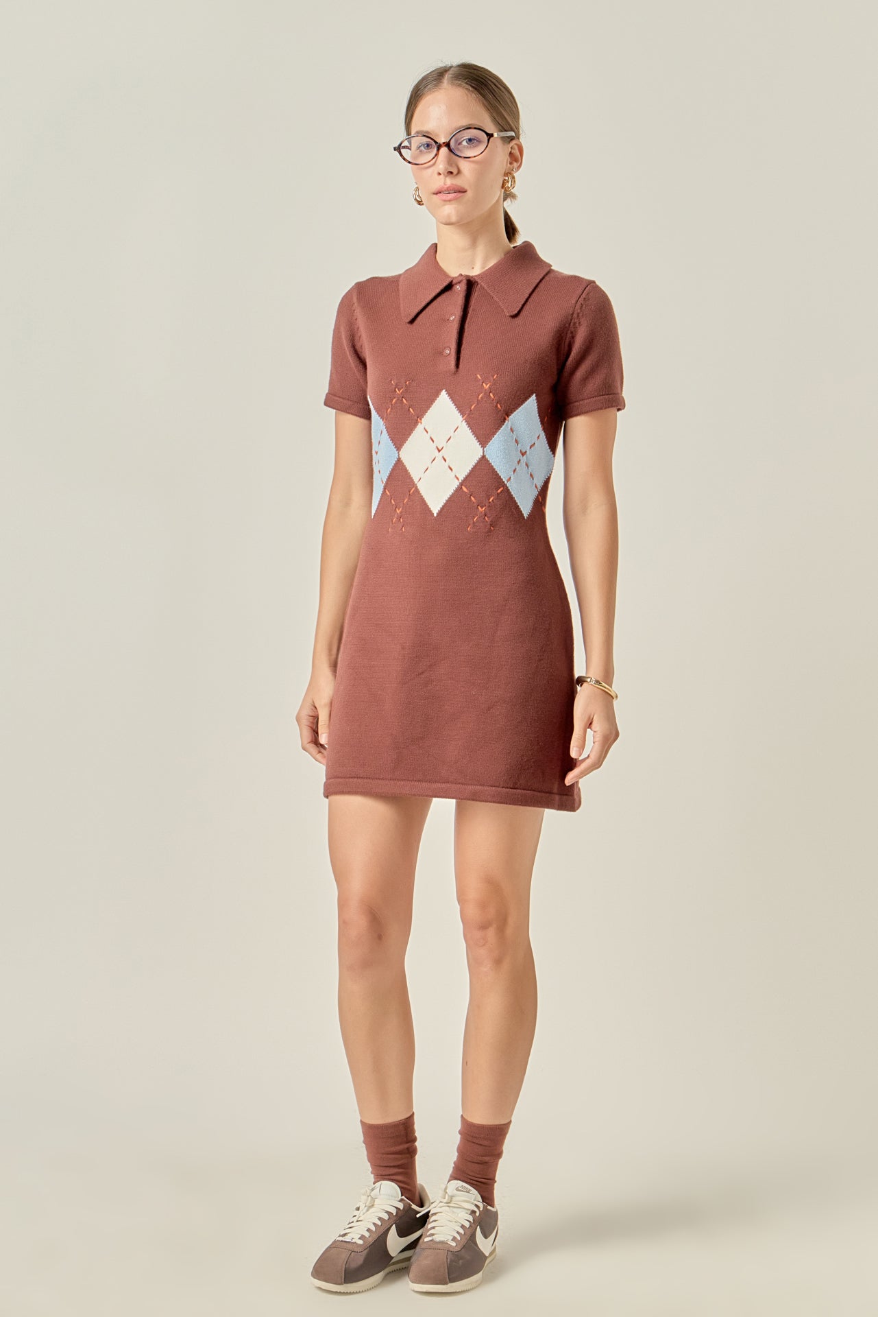 ENGLISH FACTORY - Argyle Knit Polo Mini Dress - DRESSES available at Objectrare