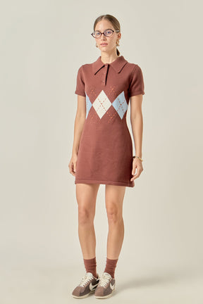 ENGLISH FACTORY - Argyle Knit Polo Mini Dress - DRESSES available at Objectrare