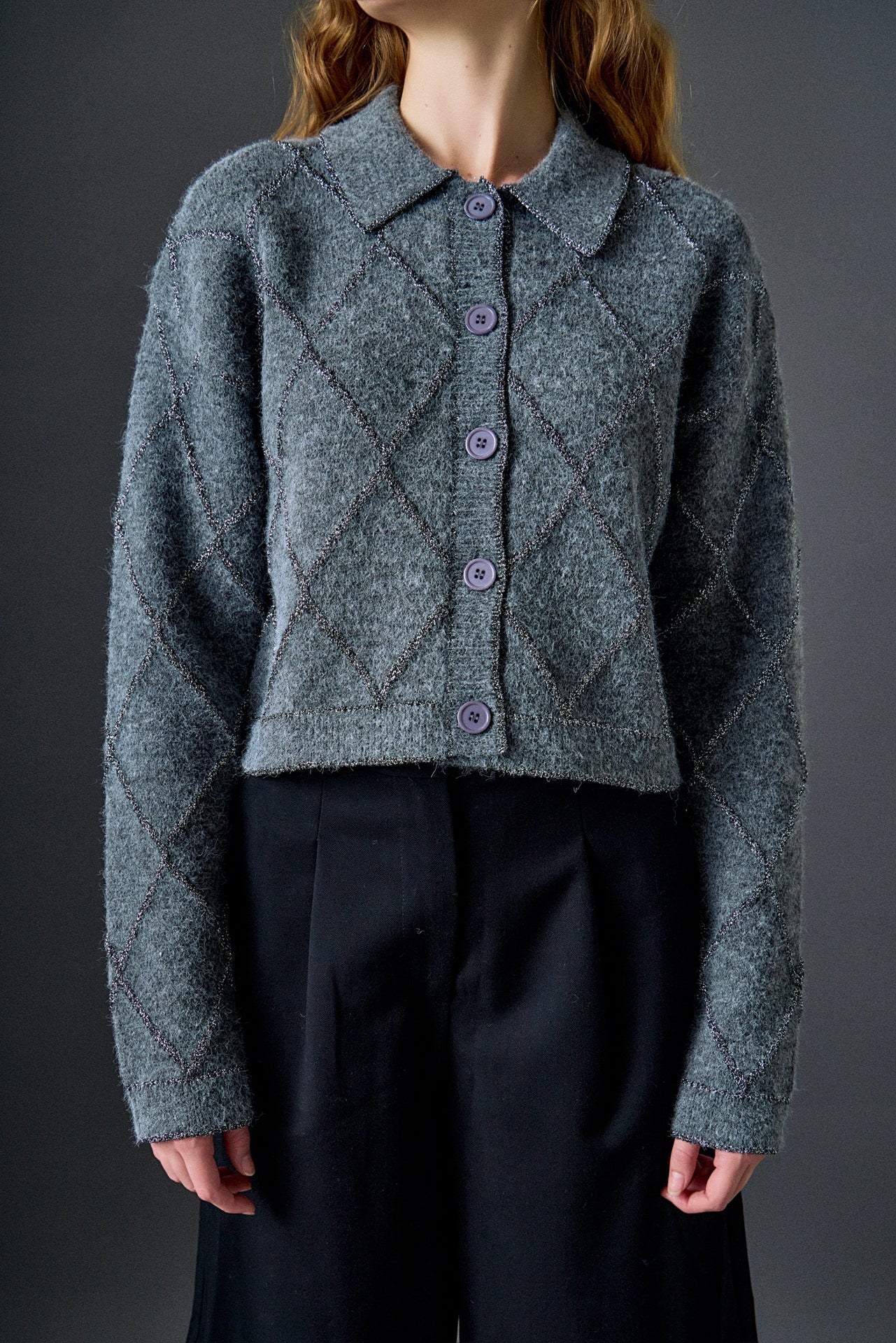 ENGLISH FACTORY - Lurex Argyle Knit Cardigan - SWEATERS & KNITS available at Objectrare