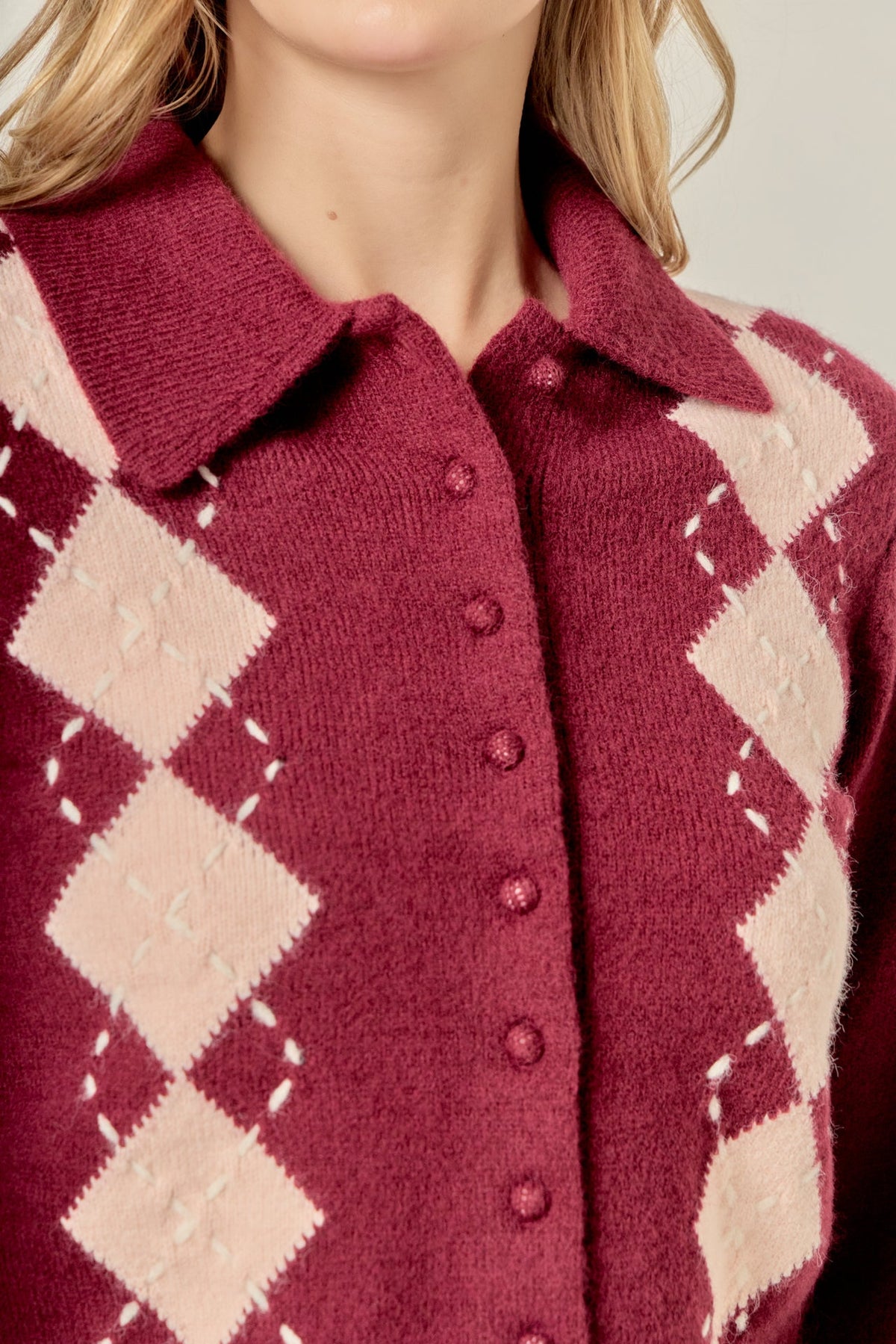 Knit Down Collared Argyle Cardigan
