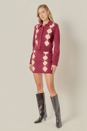 Knit Down Collared Argyle Cardigan