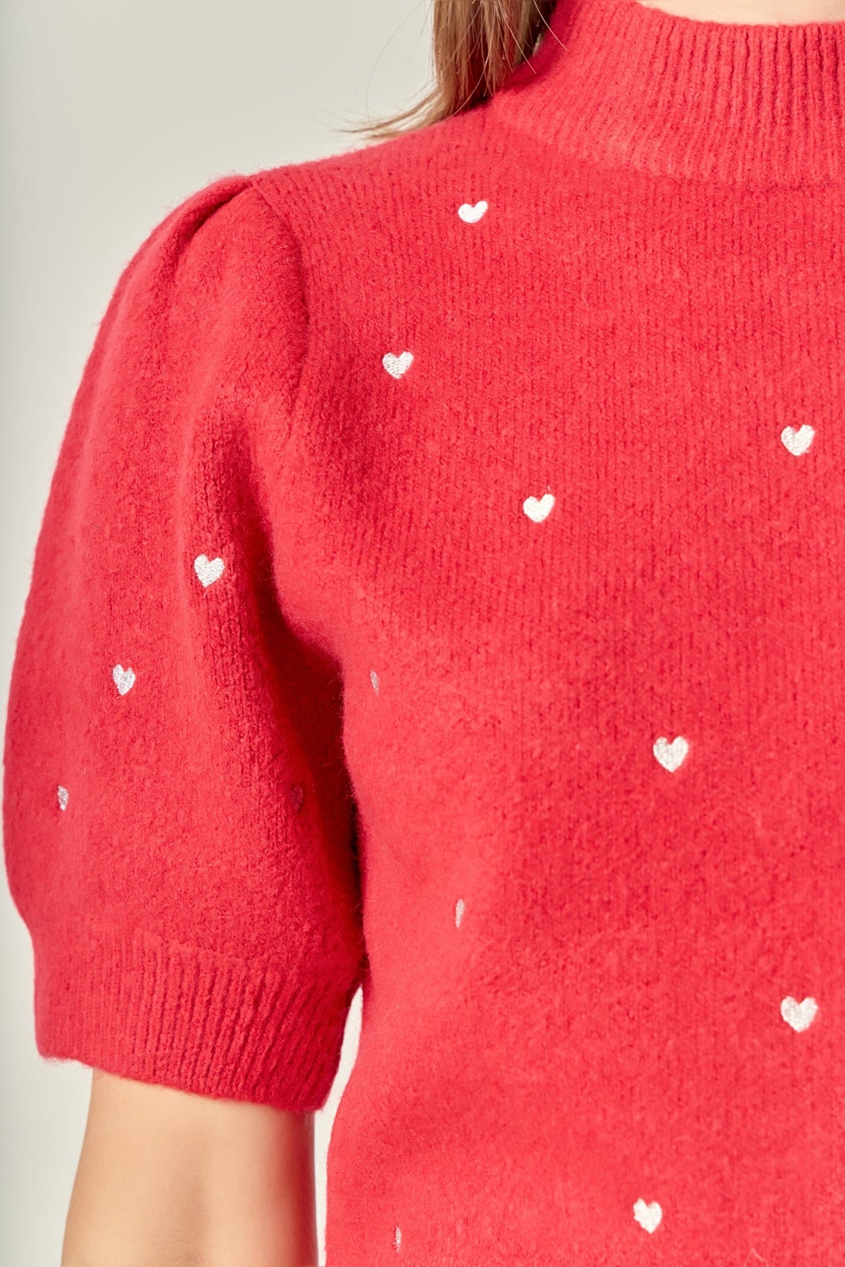 Heart-Embroidered Puff Sleeve Knit