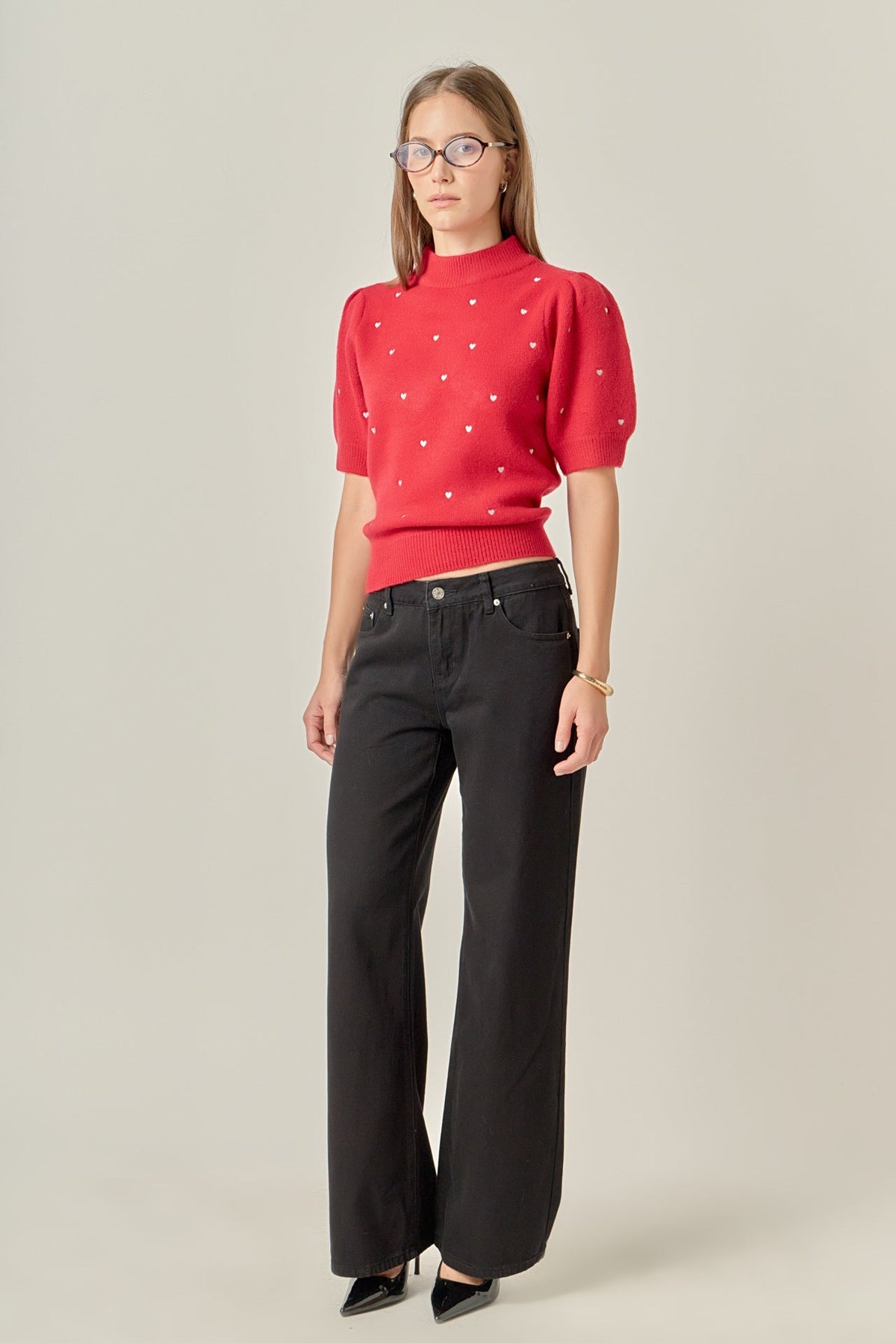 Heart-Embroidered Puff Sleeve Knit