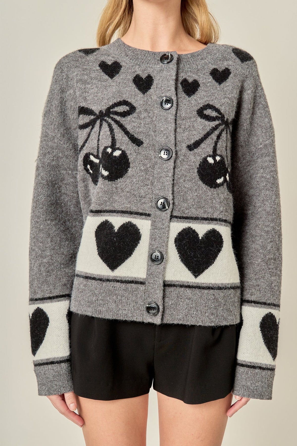 Knit Cardigan with Cherry Heart Pattern