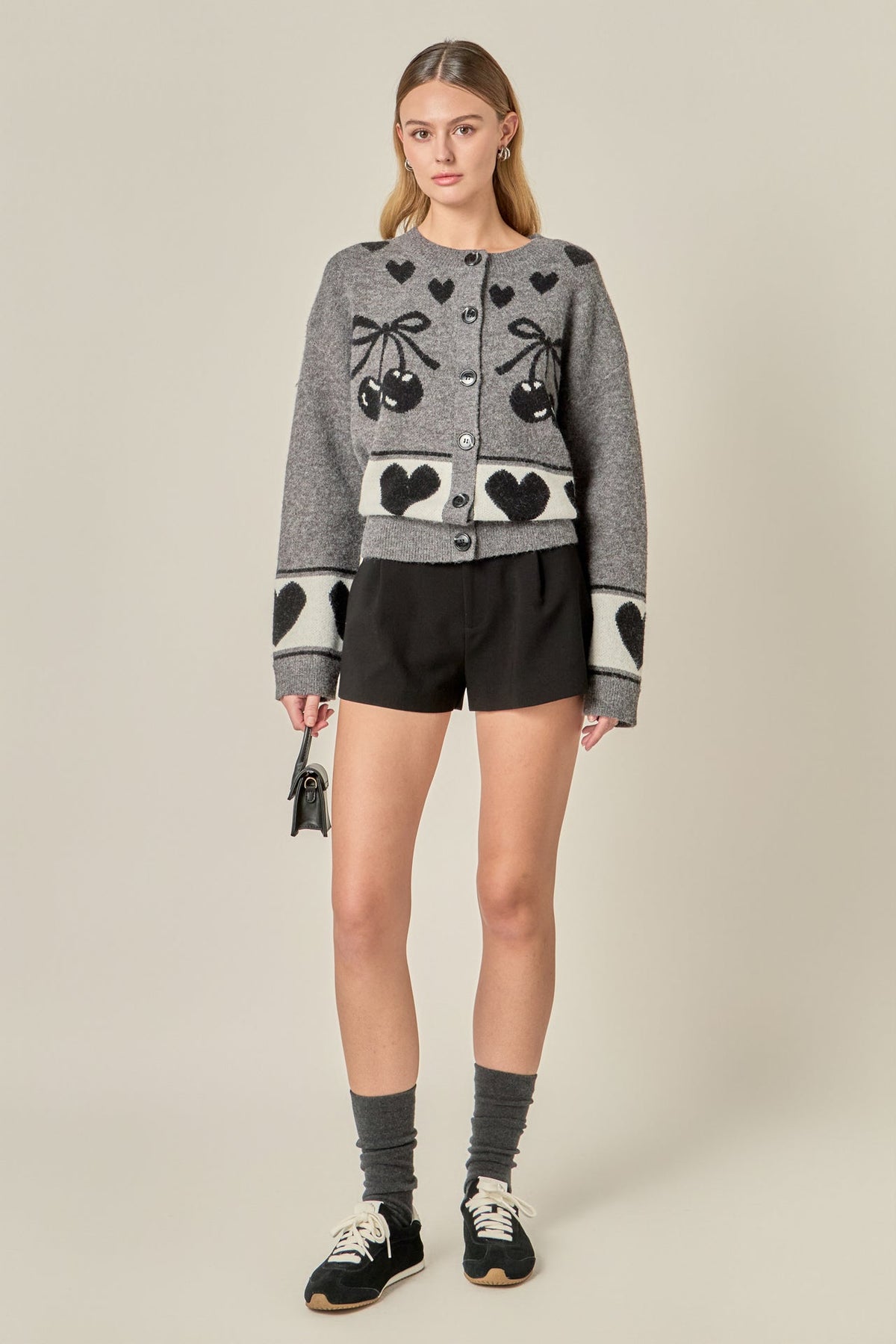 Knit Cardigan with Cherry Heart Pattern