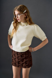 Pearl-Detail Puff Sleeve Knit Top