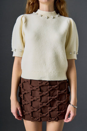 Pearl-Detail Puff Sleeve Knit Top
