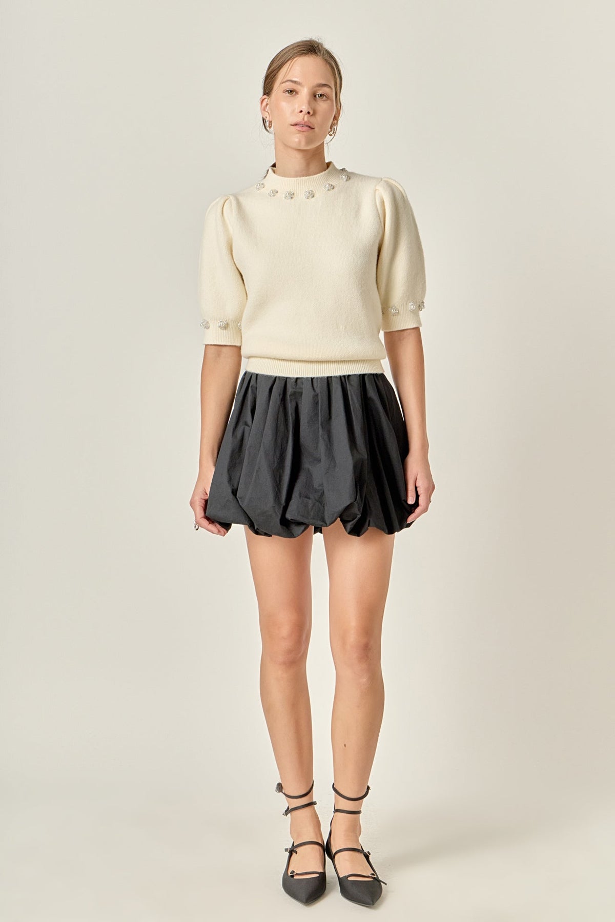 Pearl-Detail Puff Sleeve Knit Top