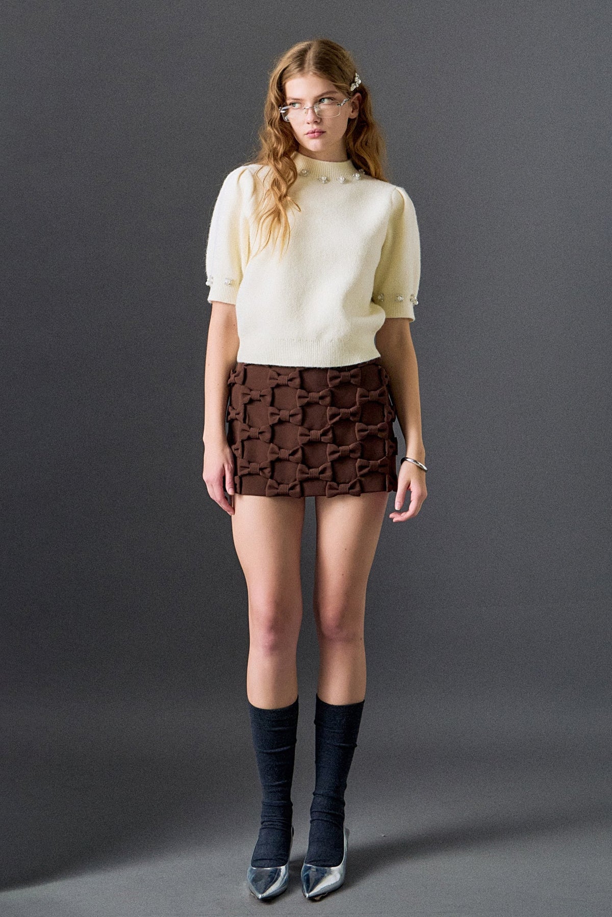 ENGLISH FACTORY - Pearl-Detail Puff Sleeve Knit Top - TOPS available at Objectrare