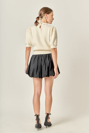 Pearl-Detail Puff Sleeve Knit Top