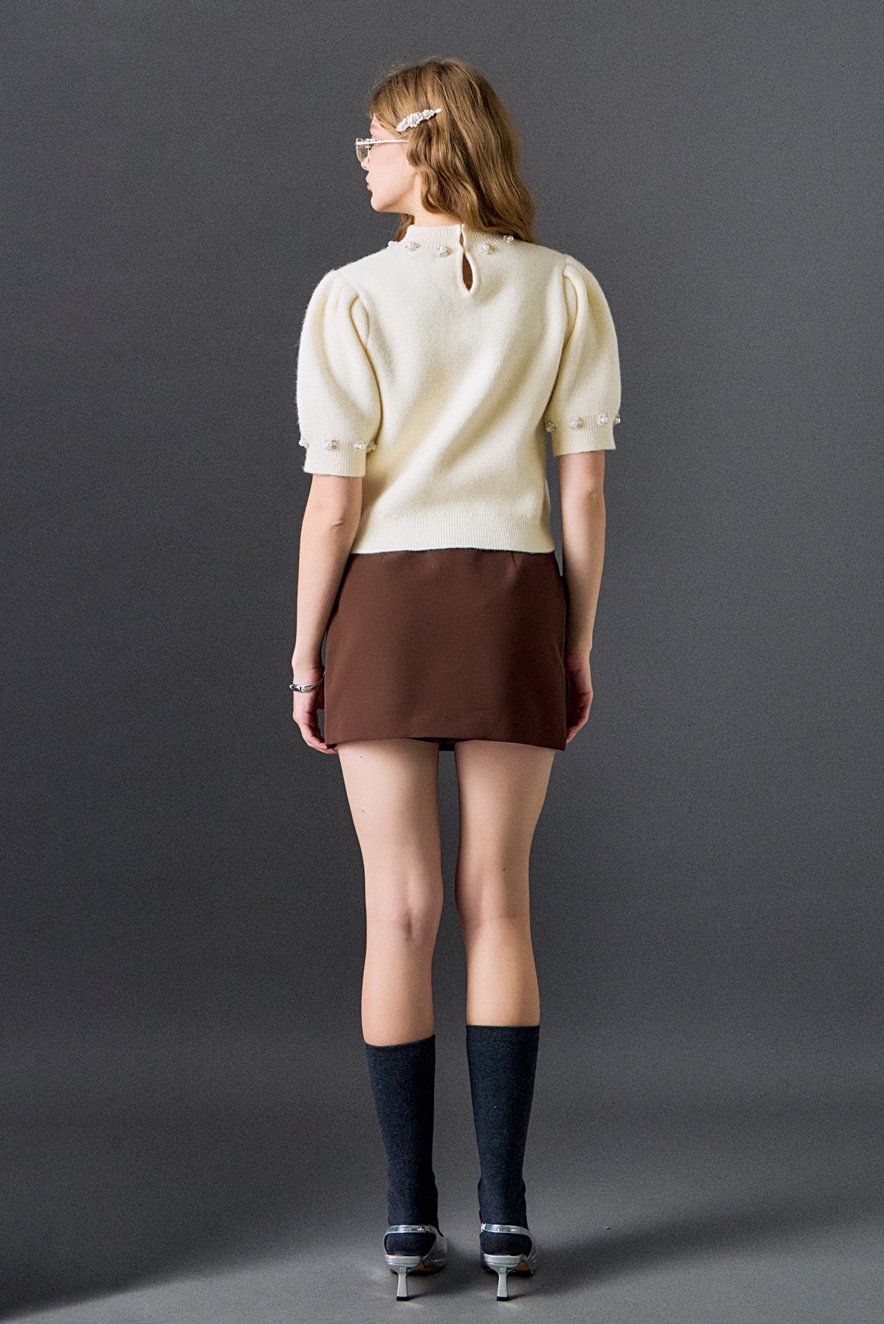 Pearl-Detail Puff Sleeve Knit Top