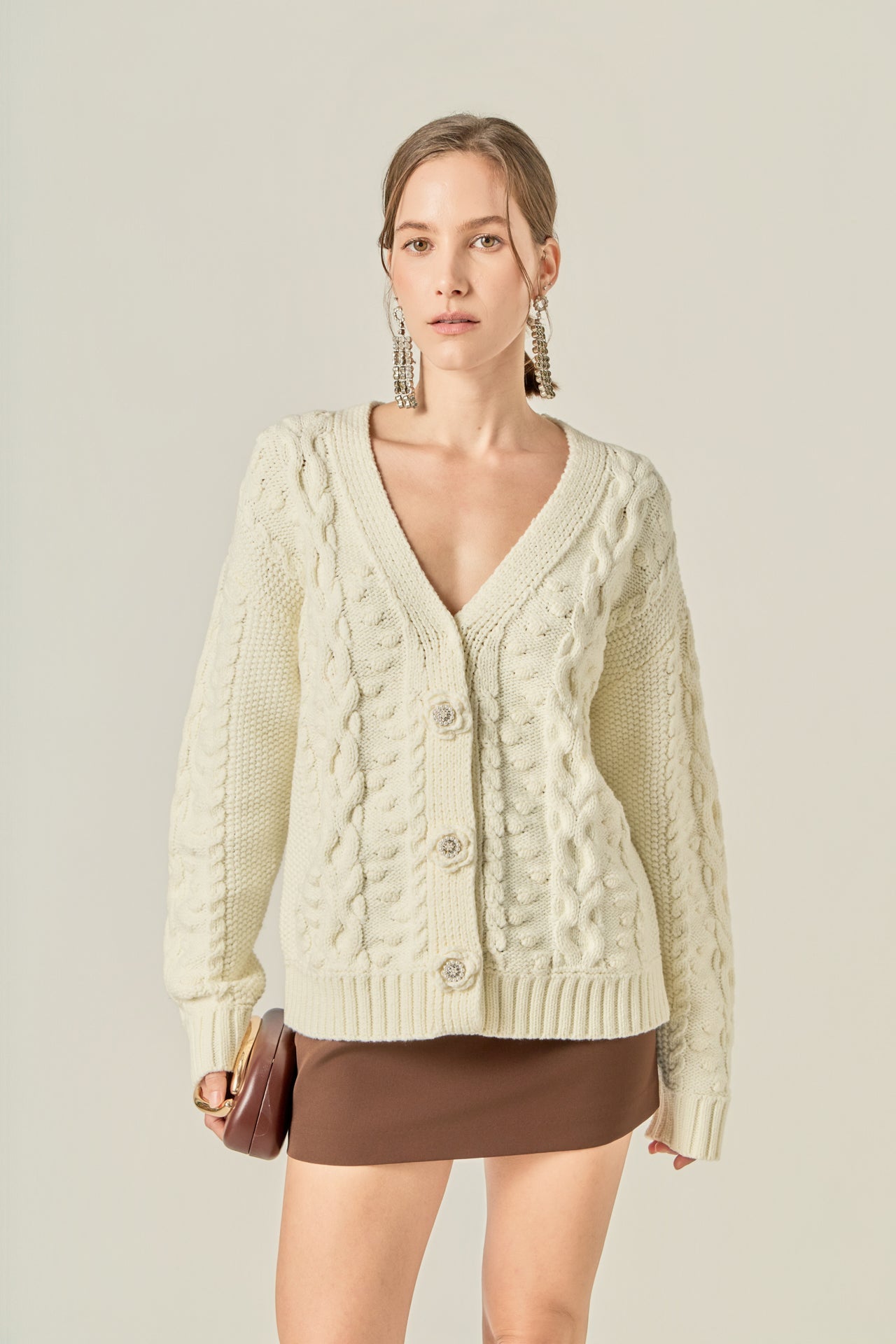 ENGLISH FACTORY - Cable Knit Cardigan with Flower Detail - SWEATERS & KNITS available at Objectrare