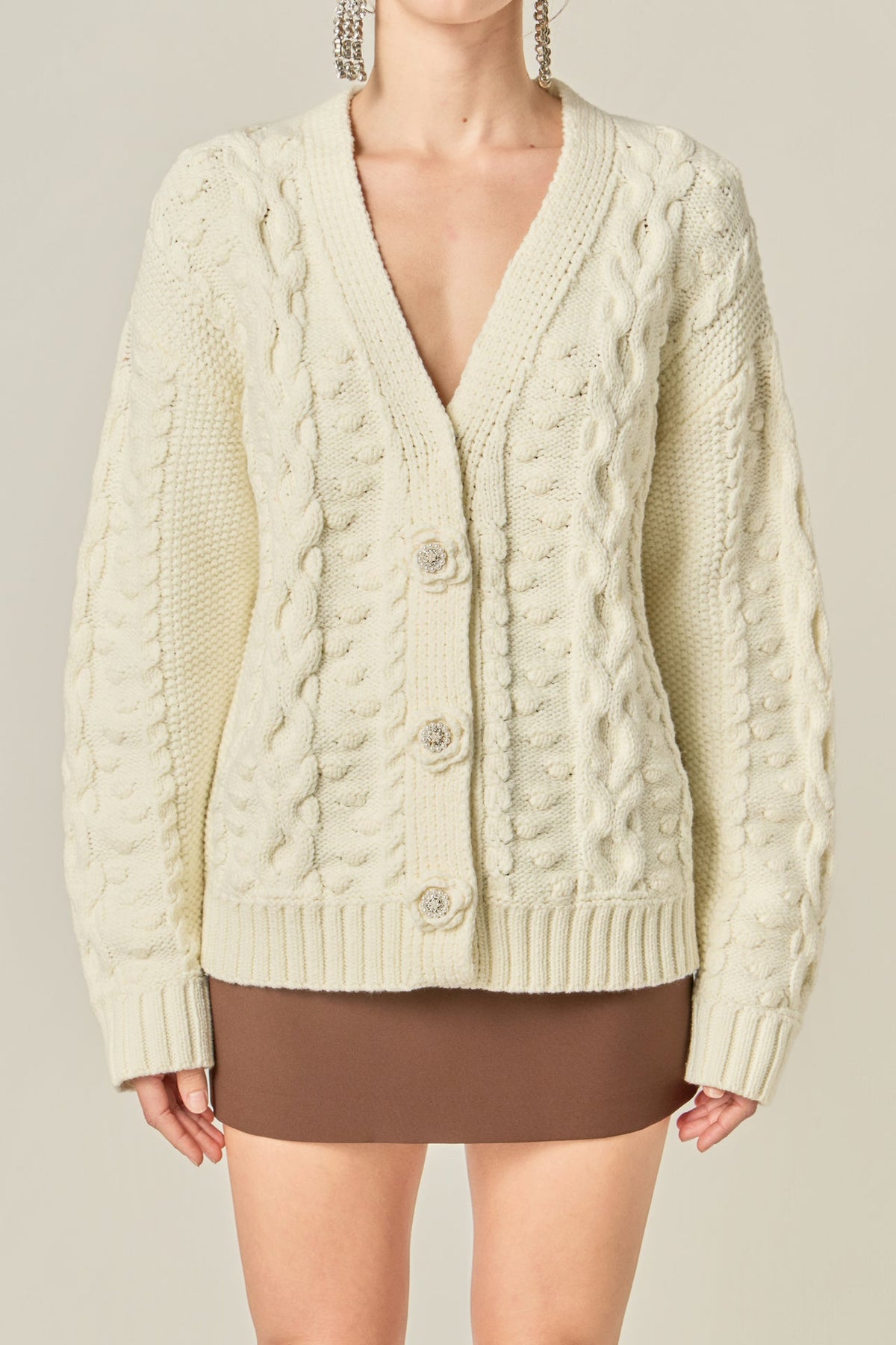 ENGLISH FACTORY - Cable Knit Cardigan with Flower Detail - SWEATERS & KNITS available at Objectrare