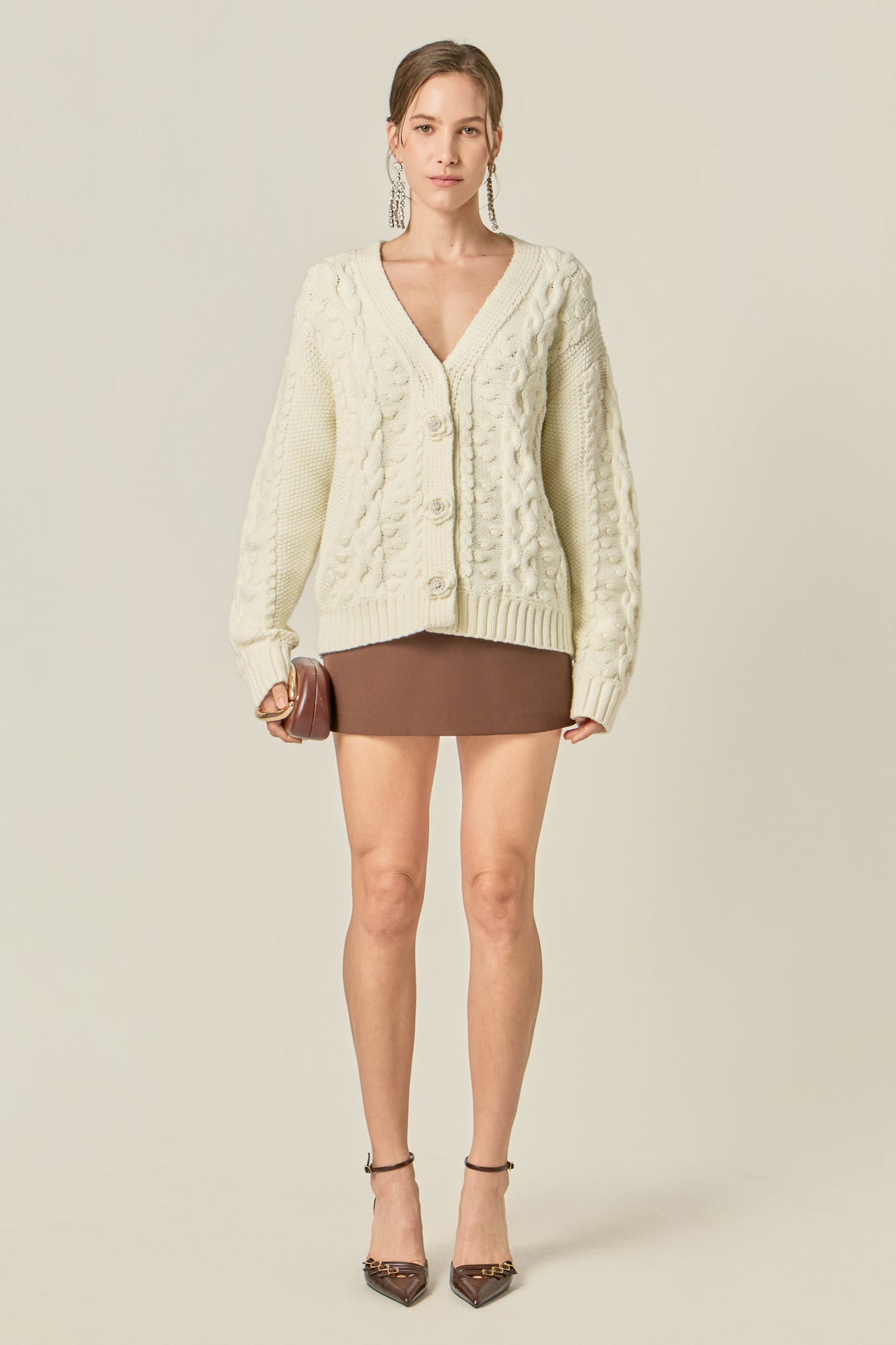 ENGLISH FACTORY - Cable Knit Cardigan with Flower Detail - SWEATERS & KNITS available at Objectrare