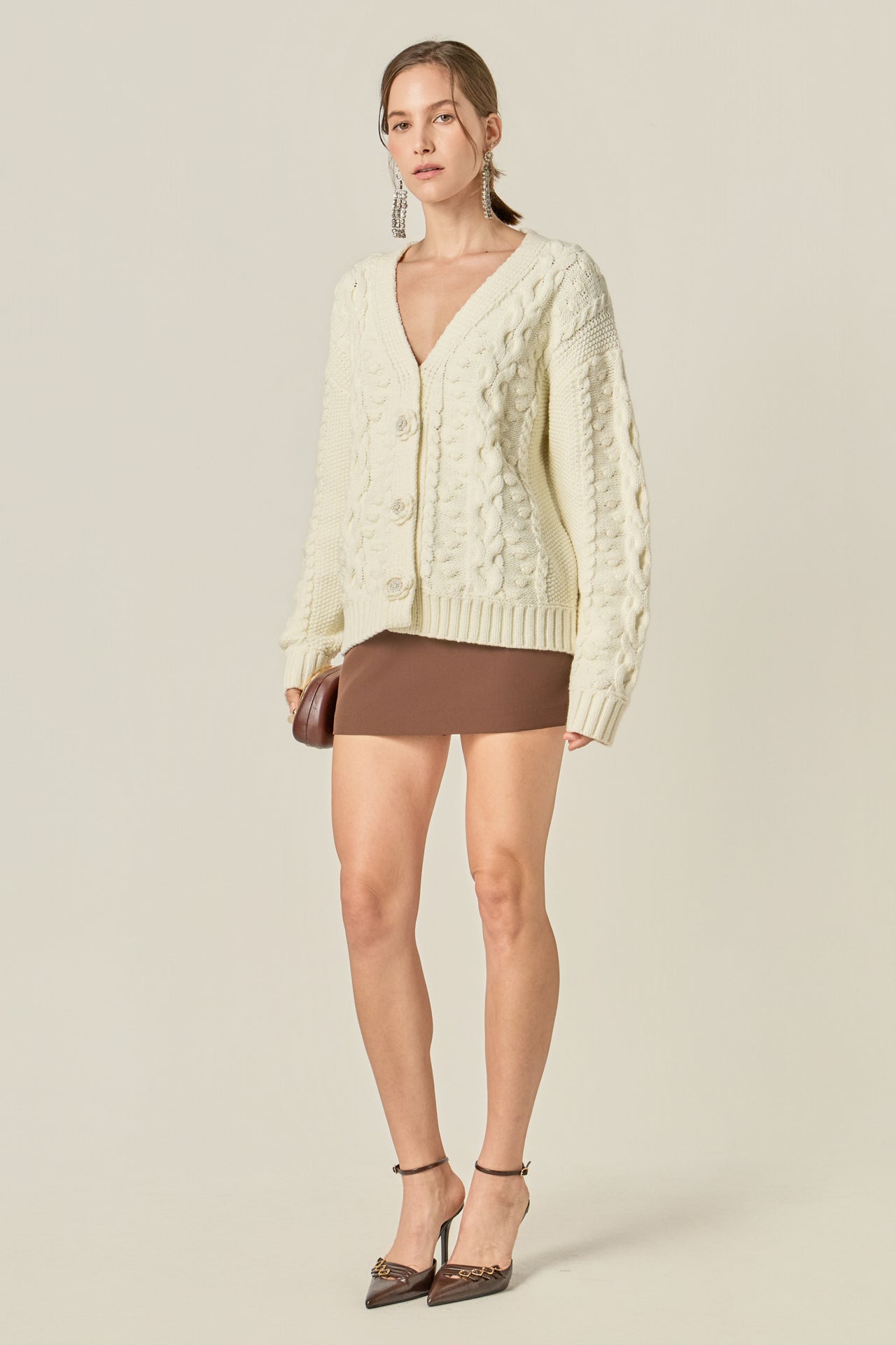 ENGLISH FACTORY - Cable Knit Cardigan with Flower Detail - SWEATERS & KNITS available at Objectrare