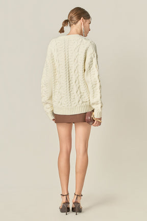 ENGLISH FACTORY - Cable Knit Cardigan with Flower Detail - SWEATERS & KNITS available at Objectrare