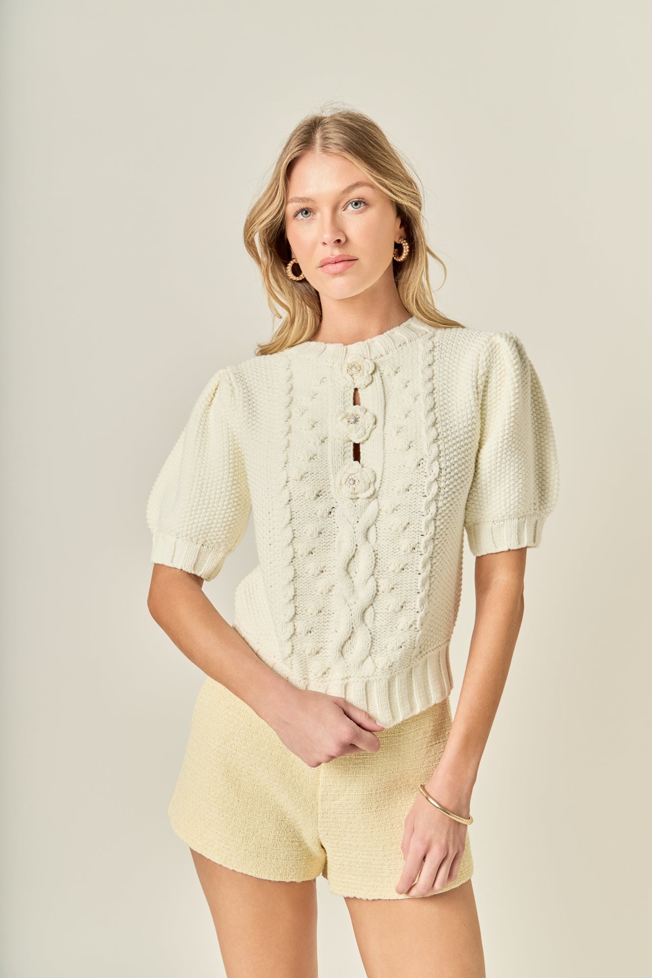 Cable Puff Sleeve Knit with Flower Details