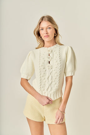 Cable Puff Sleeve Knit with Flower Details