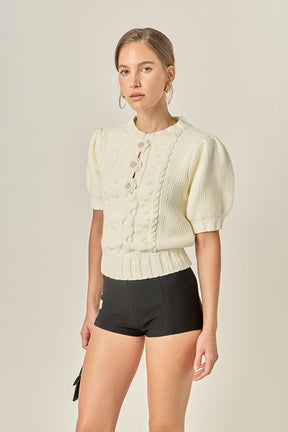 ENGLISH FACTORY - Cable Puff Sleeve Knit with Flower Details - TOPS available at Objectrare