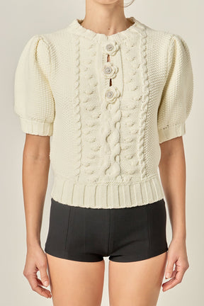 ENGLISH FACTORY - Cable Puff Sleeve Knit with Flower Details - TOPS available at Objectrare