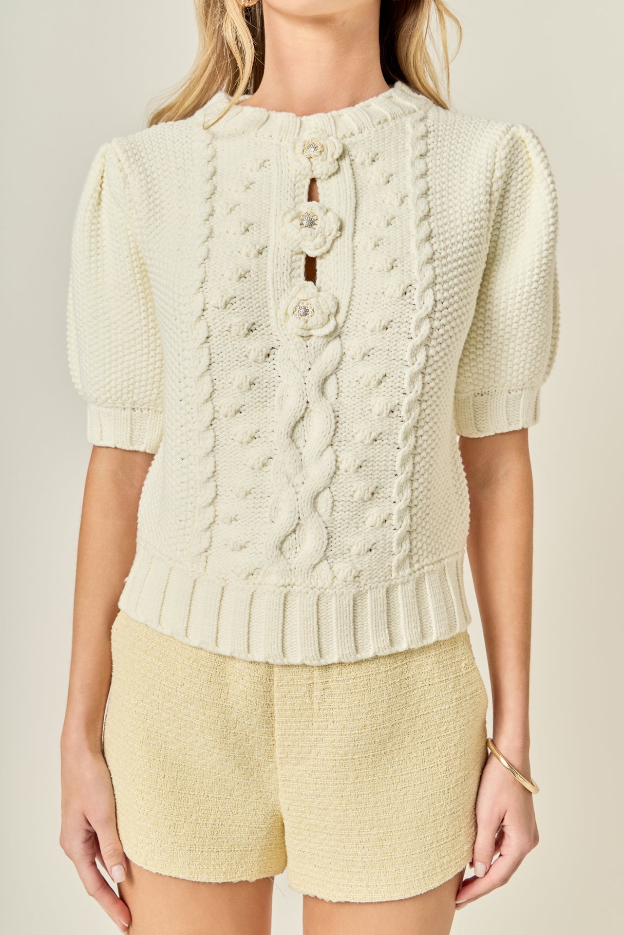 Cable Puff Sleeve Knit with Flower Details