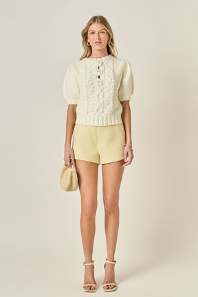 Cable Puff Sleeve Knit with Flower Details