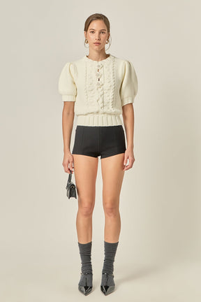 Cable Puff Sleeve Knit with Flower Details