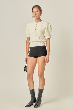 ENGLISH FACTORY - Cable Puff Sleeve Knit with Flower Details - TOPS available at Objectrare