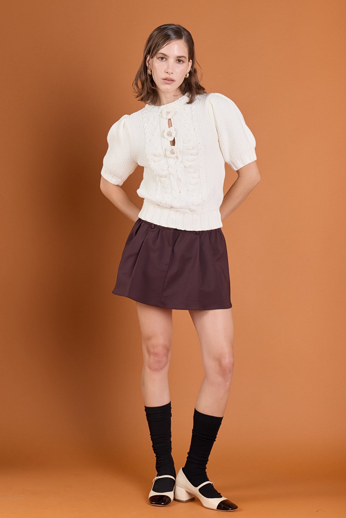 Cable Puff Sleeve Knit with Flower Details