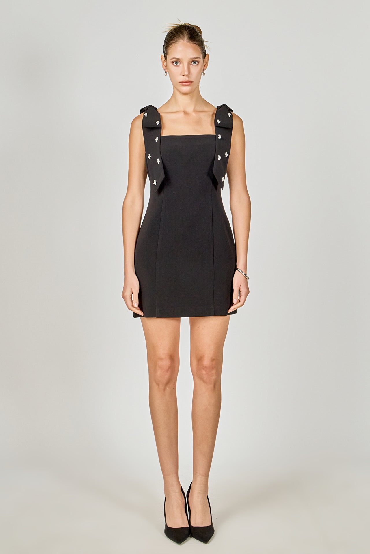 ENDLESS ROSE - Mini Dress With Rhinestone & Pearl Embellished Bow - DRESSES available at Objectrare