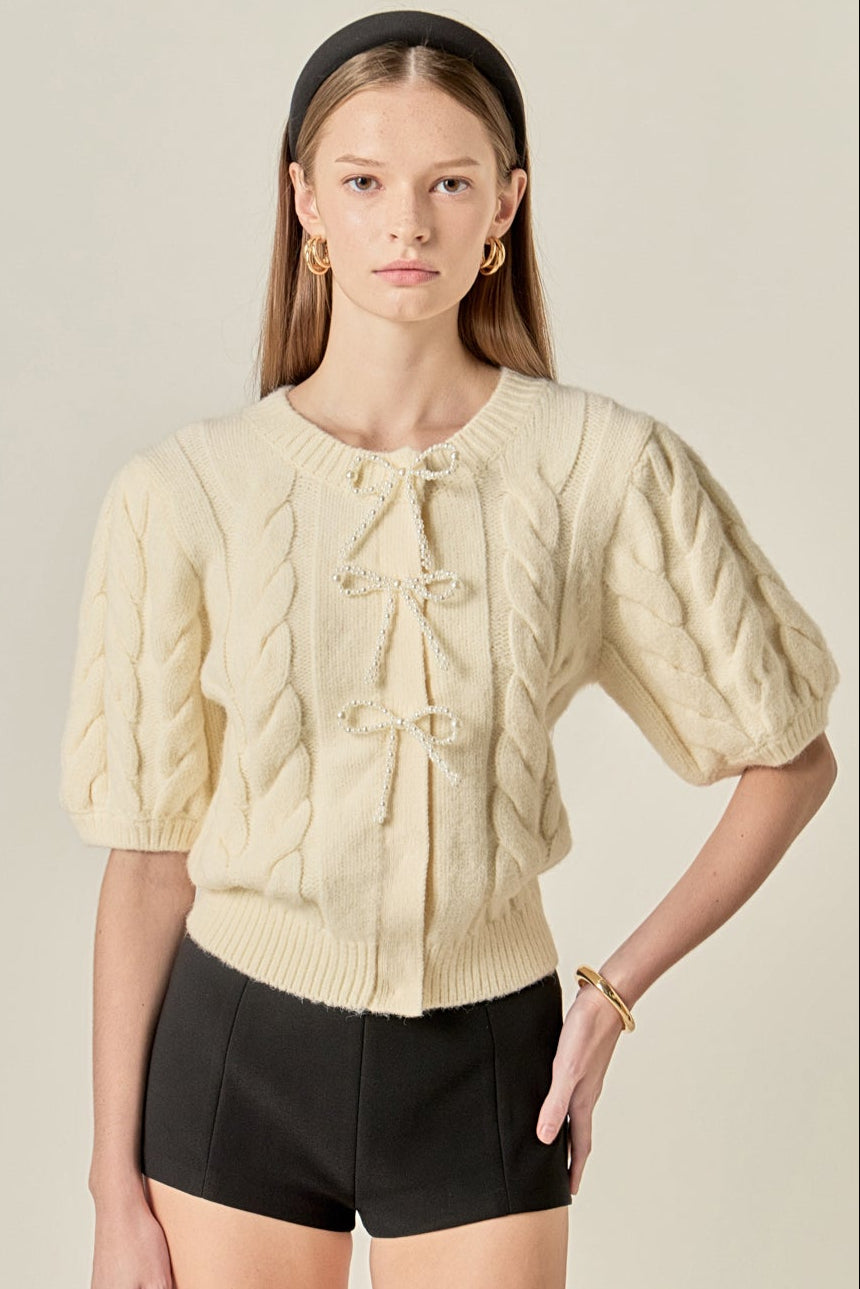 Pearl Bow Cable Knit Cardigan